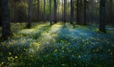  a painting of a forest filled with blue and yellow flowers.  generative ai