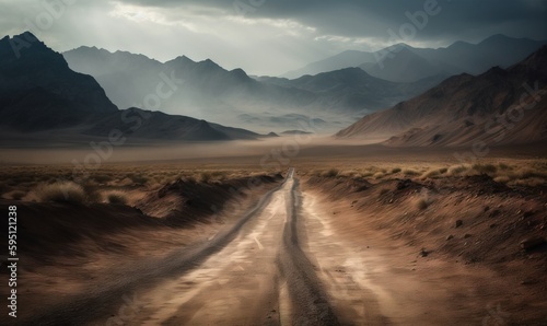  a dirt road in the middle of a desert with mountains in the background.  generative ai © Anna