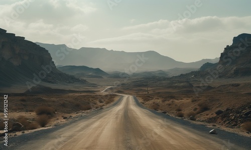  a dirt road in the middle of a desert with mountains in the background. generative ai