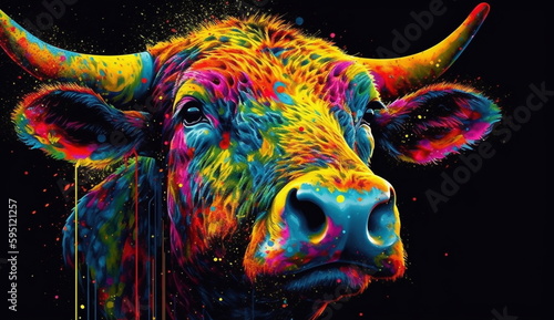 Psychedelic Bull with Vibrant Colorful Watercolor art style. Isolated on Black Background. Based on Generative Ai.