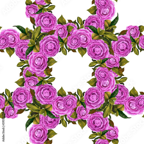 Camellia flowers. Branches with flowers, buds and leaves. Seamless background. Oriental style drawing. Graphic arts. Use printed materials, signs, objects, sites, maps, posters, postcards, packaging.