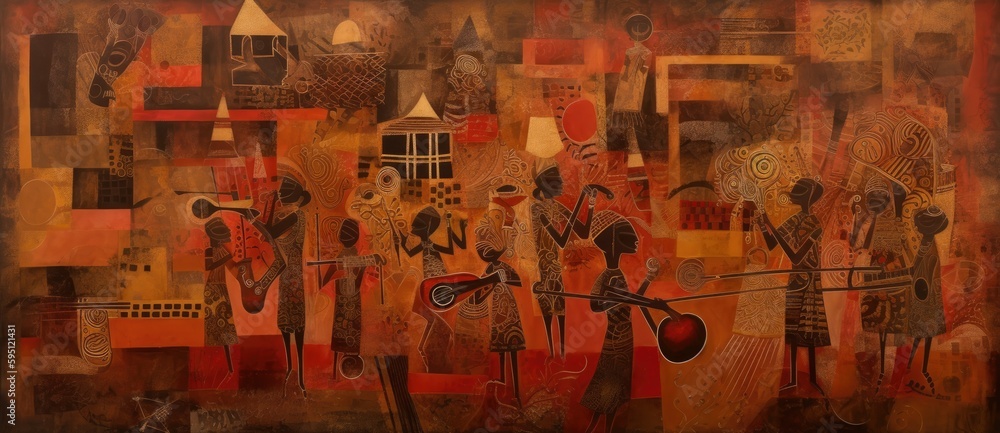 Painting of musicians in the streets in Africa, generative ai illustration - obrazy, fototapety, plakaty 