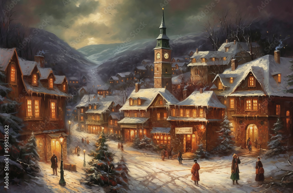 Winter Christmas Village with many lights, snowy streets. Generative AI
