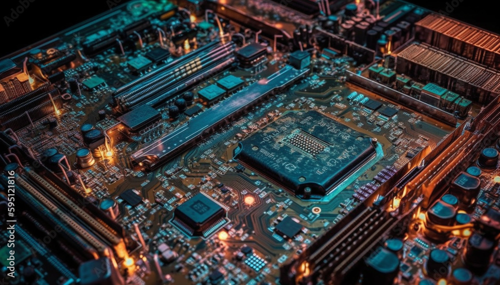 Glowing computer chip on motherboard shows technological progress generated by AI