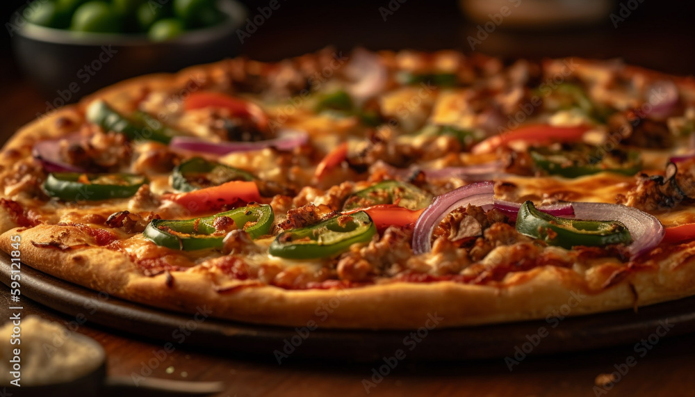 Freshly baked pizza on rustic wooden table generated by AI Freshly baked pizza on rustic wooden table generated by AI