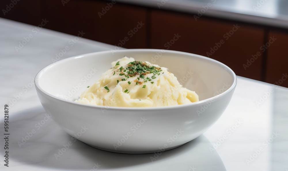 a white bowl filled with mashed potatoes on top of a table. generative ai a white bowl filled with mashed potatoes on top of a table. generative ai