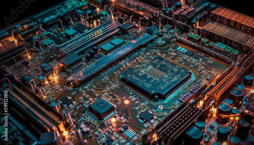 Glowing computer chip on motherboard shows technological progress generated by AI