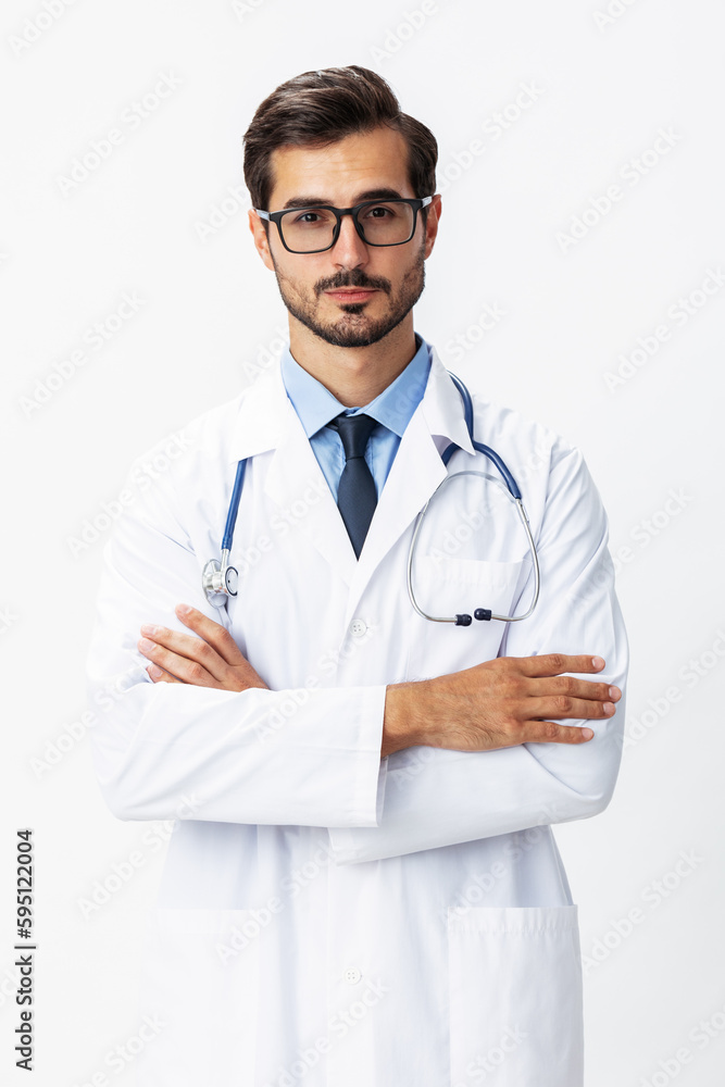 Man portrait of a doctor wearing a white coat and eyeglasses and a stethoscope looking into the camera on a white isolated background, copy space, space for text, health Man portrait of a doctor wearing a white coat and eyeglasses and a stethoscope looking into the camera on a white isolated background, copy space, space for text, health