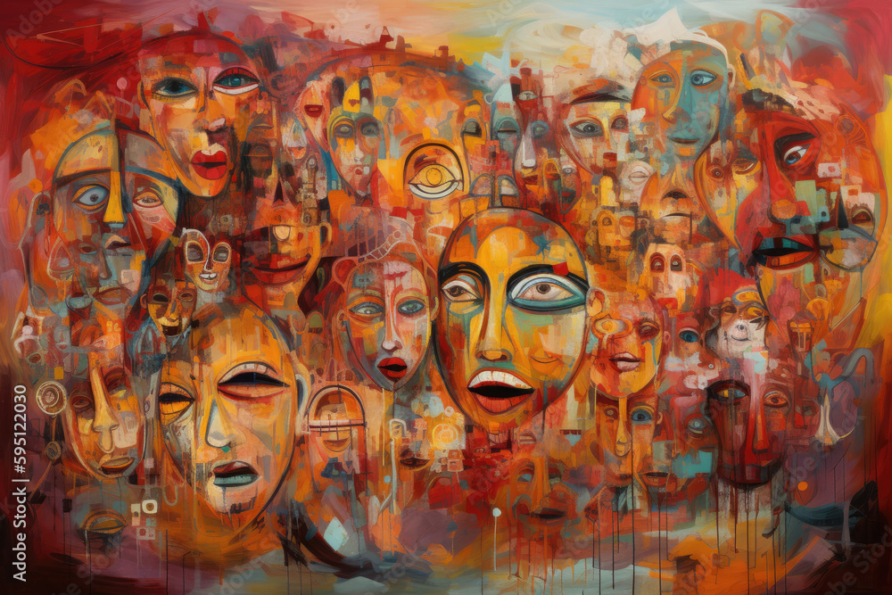A crowd of people, closeup on faces, identity disorder concept illustration, generative ai A crowd of people, closeup on faces, identity disorder concept illustration, generative ai