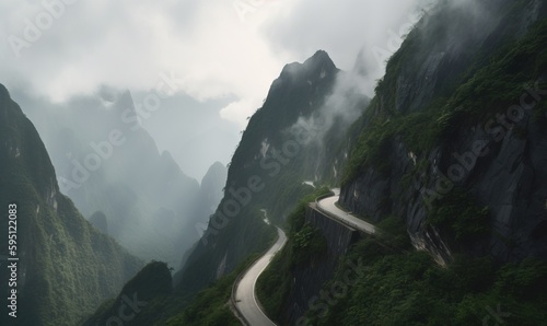  a winding road in the mountains with a mountain range in the background. generative ai