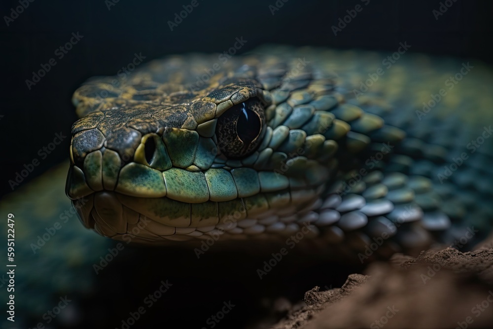 close up of a green snakes head. Generative AI close up of a green snakes head. Generative AI