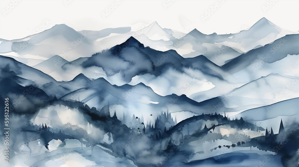Watercolour, abstract blue ridge mountains, modern scandinavian, rustic, high definition. Generative AI.