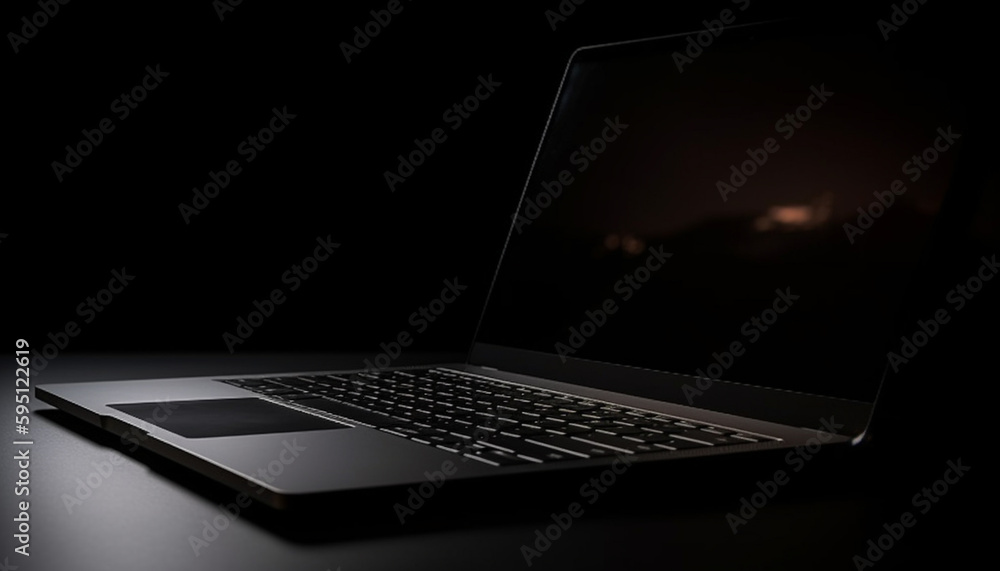 Modern laptop on dark desk, global communication generated by AI