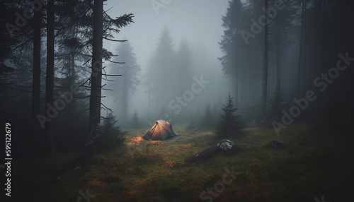 Hiking through the foggy wilderness, an adventure generated by AI