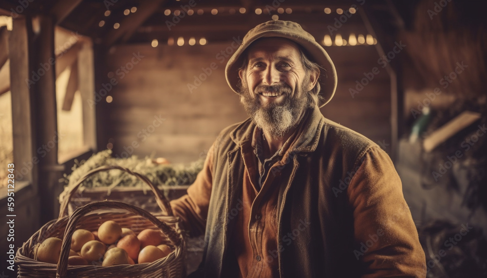 Senior farmer holding basket of fresh fruit generated by AI