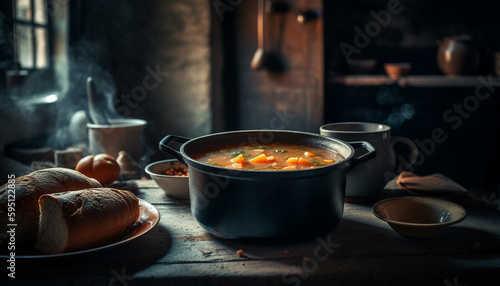 Rustic meal on wooden table, fresh bread generated by AI