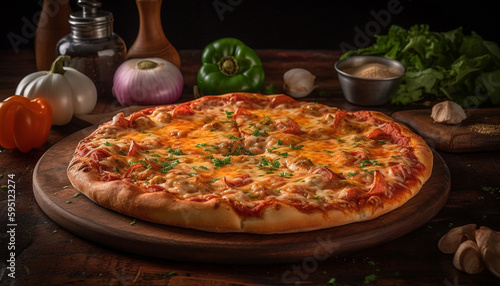 Freshly baked gourmet pizza on rustic wood table generated by AI