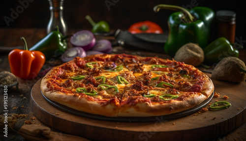 Freshly baked rustic pizza on wooden table generated by AI