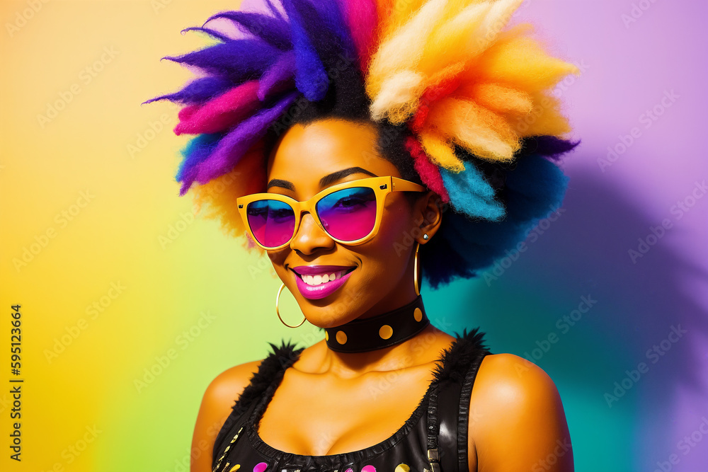 Fototapeta premium Portrait of an african woman with colorful hair and sunglasses on abstract painted background, summer vibrancy. Generative AI.