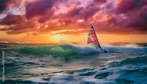 Men sail into the sunset, surfing waves generated by AI