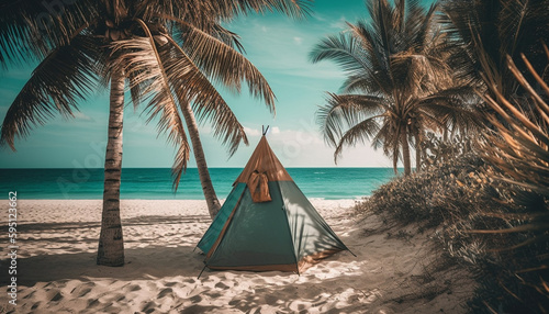 Idyllic palm tree tent on tranquil coastline generated by AI
