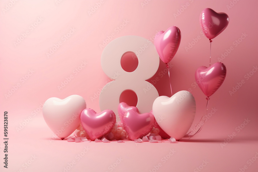 Mother's day pink background with Number 8 and Heart balloons (Generative AI)