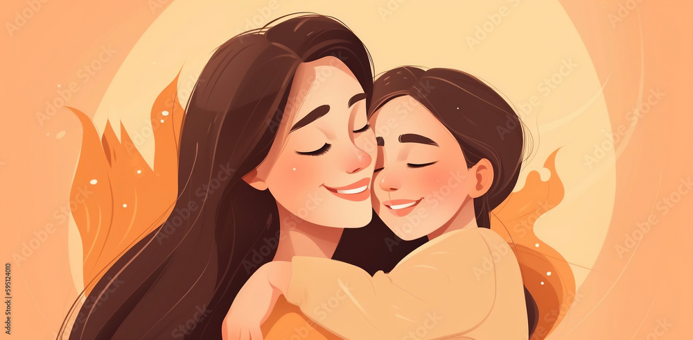 Mother and child, Mom hugging her daughter with a lot of love and tenderness, Mother's day, holiday concept, Cartoon flat isolated design (Generative AI)