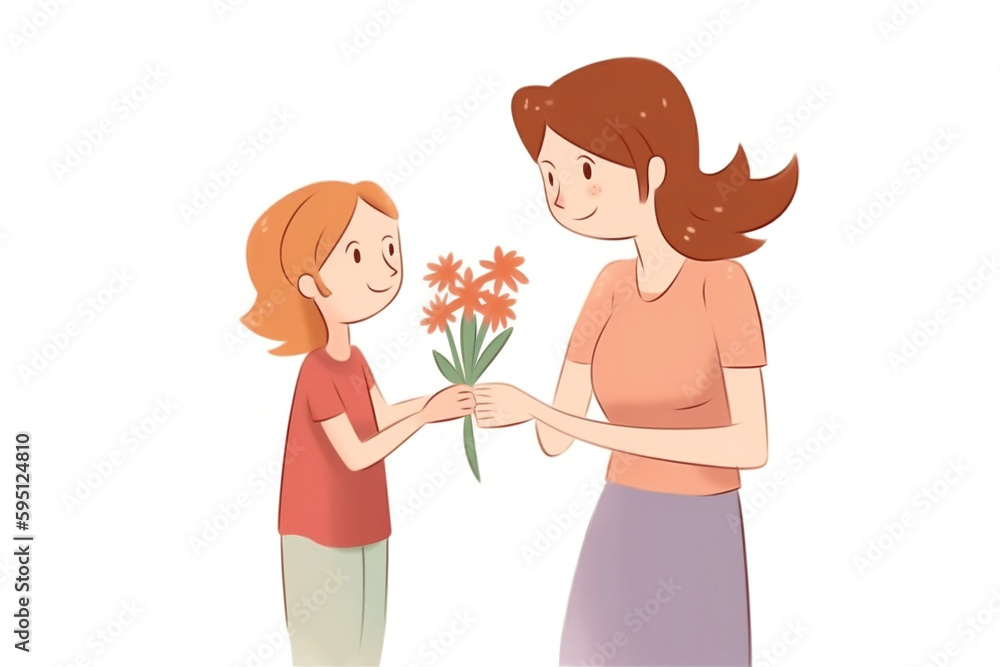 Drawing of a girl handing flowers to her mother, mothers day concept, cartoon style (Generative AI) Drawing of a girl handing flowers to her mother, mothers day concept, cartoon style (Generative AI)