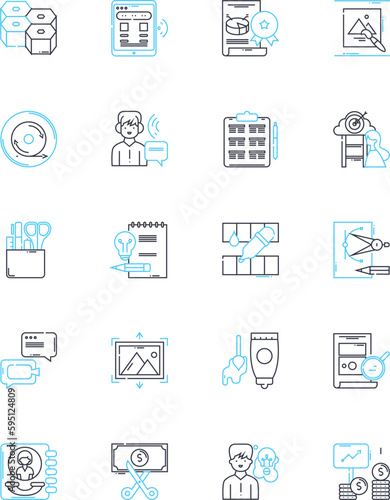 Brand management linear icons set. Reputation, Identity, Perception, Awareness, Consistency, Loyalty, Trust line vector and concept signs. Differentiation,Strategy,Messaging outline illustrations © Nina