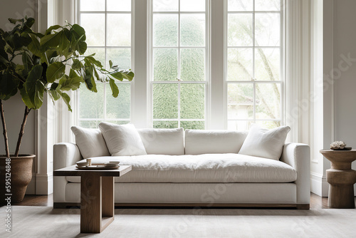 Luxury interior of living room and white linen sofa home