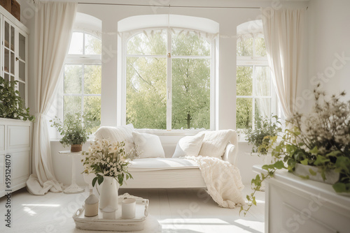 Shabby chic style cottage living room with white linen sofa photo