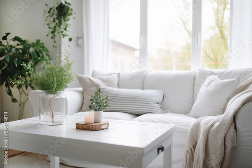 Cozy white cottage style living room with white linen sofa coffee table