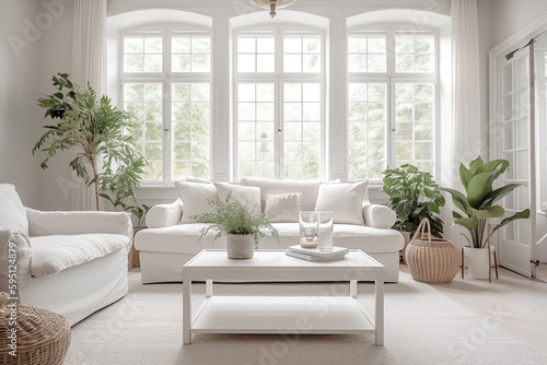 Cozy white cottage style living room with white linen sofa and plants