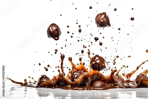 chocolate melting and splashing into water on a clean white background. Generative AI © 2rogan