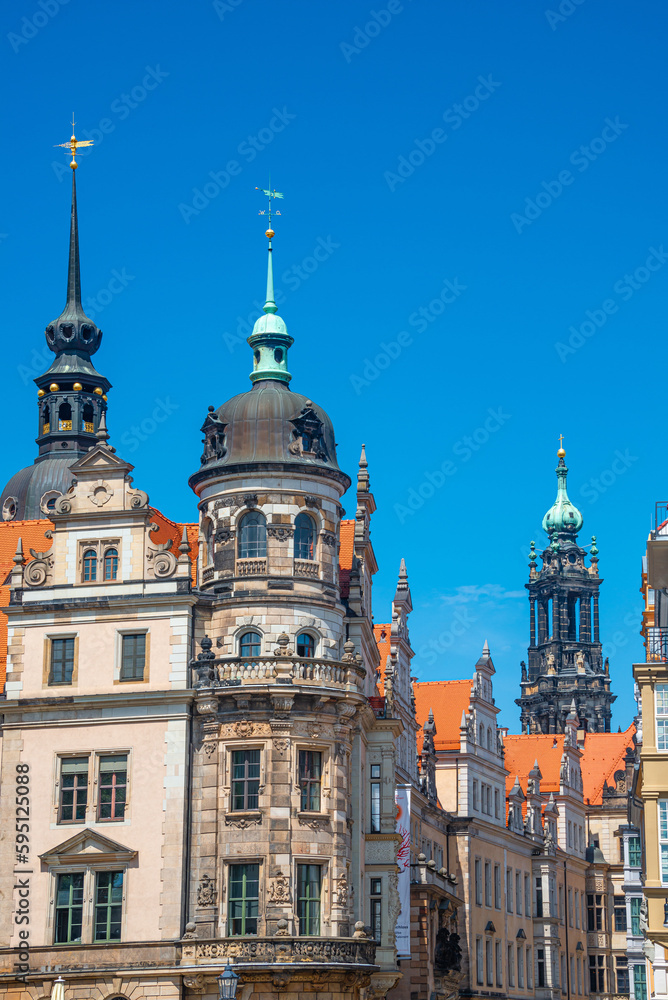 Historical downtown of Dresden in summer sunny day with blue sky, Germany, details, closeup.