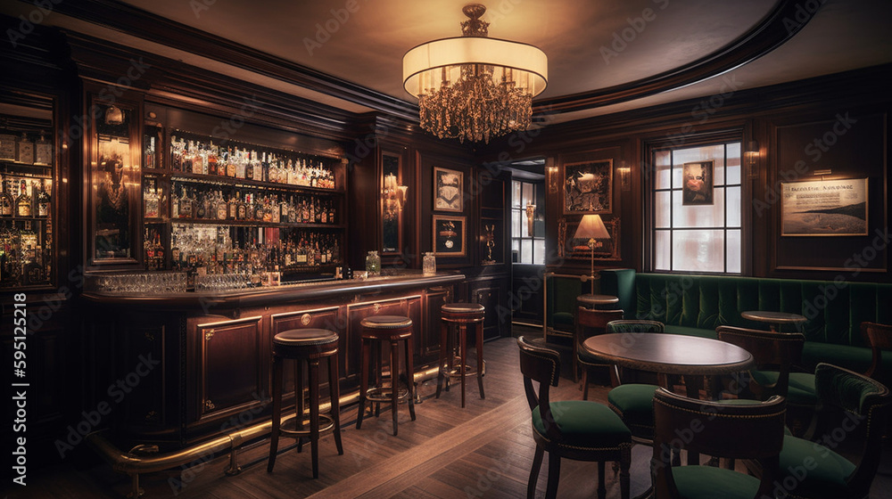 Vintage bar interior with bar counter and chairs, Generative ai