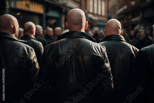Fotografia, Obraz Back view of group of skinhead neo-nazis in leather jackets