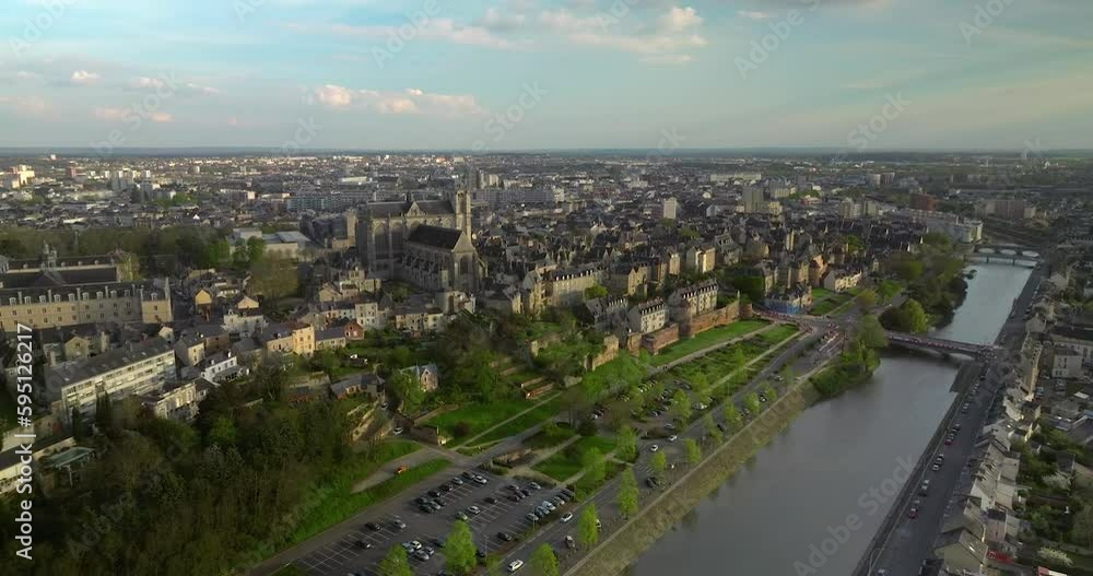 Flying over the famous city in France, which hosts 24 hour races. The most popular race track in the world. Le Mans cityscape in France. Flying over the famous city in France, which hosts 24 hour races. The most popular race track in the world. Le Mans cityscape in France.
