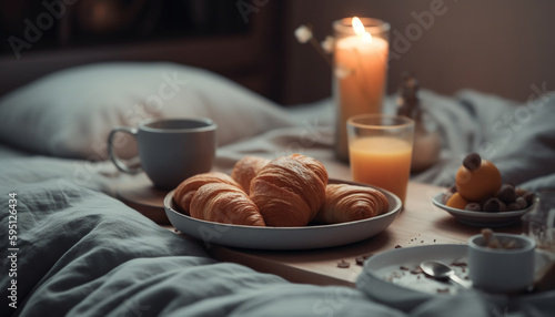 Comfortable bed, French croissant, coffee cup, relaxation generated by AI © Stockgiu