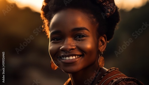 Young african woman smiling at sunset. 