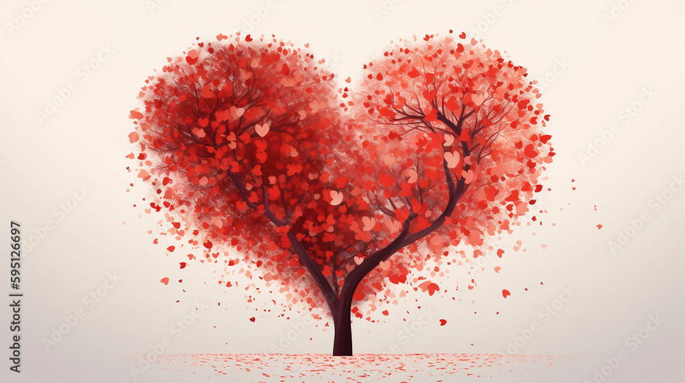 Heart tree. Red heart shaped tree. Valentine background. Love. Valentines day illustration. Generative AI.