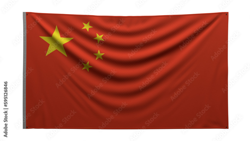 Textured flag. The flag of China hangs on the wall. Texture of dense fabric. The flag is pinned to the wall. Chinese flag on a transparent background. 3D render Textured flag. The flag of China hangs on the wall. Texture of dense fabric. The flag is pinned to the wall. Chinese flag on a transparent background. 3D render