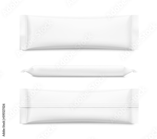 Realistic flow package bag mockup. Vector illustration isolated on white background. Front, side and back view. Ready for your design. It can be used in the adv, promo, package, etc. EPS10.