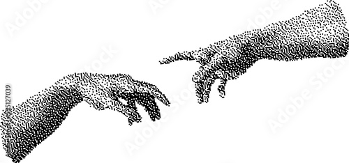 Pixel art, collage hands reaching out in touch, creation scene. Retro pop art magazine cutout shape in dotted style, human arm dithered texture.