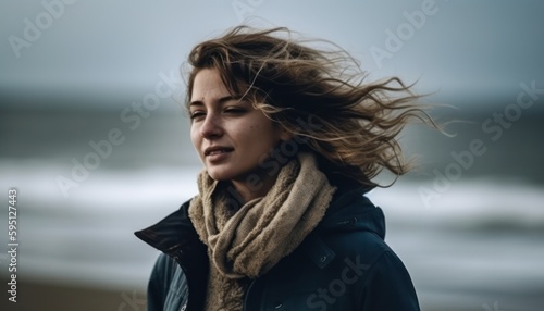 Young women feel the cold wind on the beach.  © Viktor