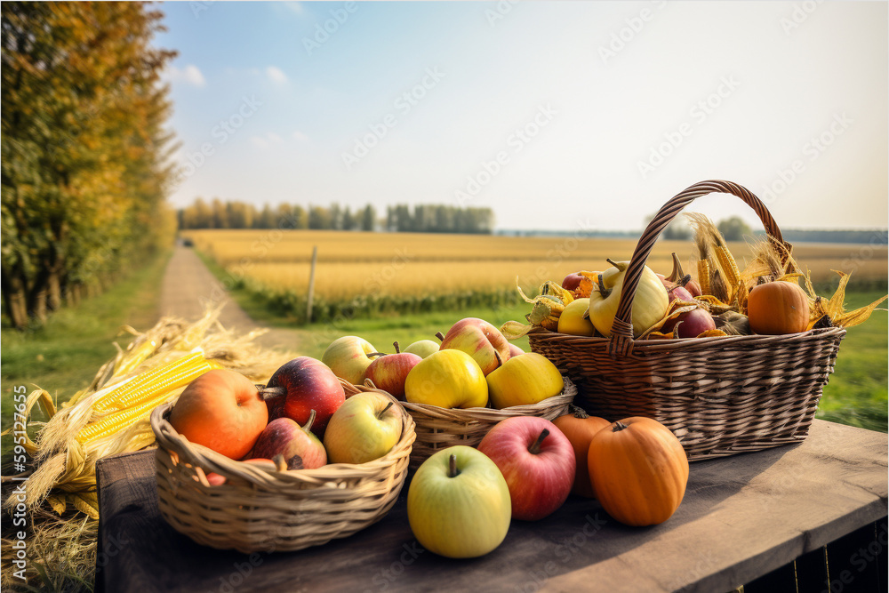 Generative ai. Basket of apples and corn on harvest table with field and sky background. Generative ai. Basket of apples and corn on harvest table with field and sky background.