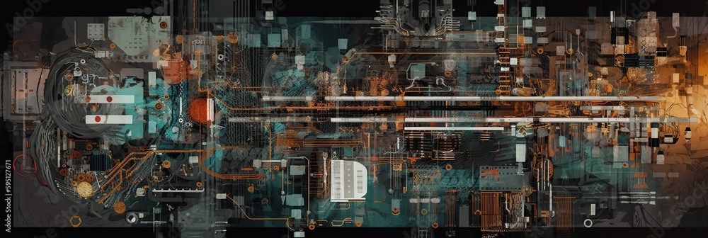 Futuristic, sci-fi-inspired collage featuring abstract shapes, circuit boards and elements intermingling in digital landscape, concept of Technology Integration, created with Generative AI technology