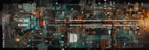 Futuristic, sci-fi-inspired collage featuring abstract shapes, circuit boards and elements intermingling in digital landscape, concept of Technology Integration, created with Generative AI technology © koldunova