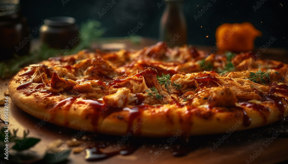 Freshly baked pizza on rustic wooden table generated by AI Freshly baked pizza on rustic wooden table generated by AI