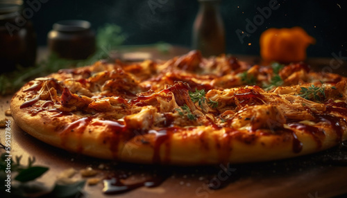 Freshly baked pizza on rustic wooden table generated by AI